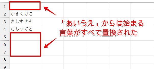 「あいうえ」から始める言葉が置換された