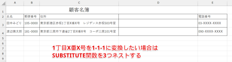 3か所同時に置換する場合はSUBSTITUTEを3つネストする