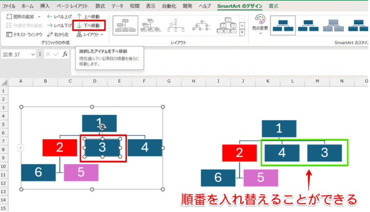 隣同士の図形の順番を入れ替える