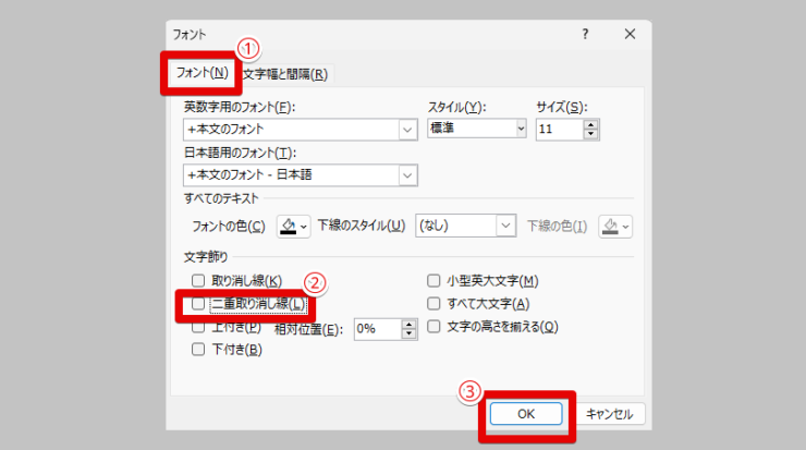 テキストボックスの文字から取り消し線（二重線）の設定を解除