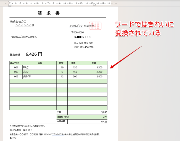 ワードではきれいに変換されている