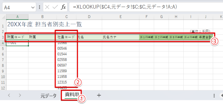 加工用の別シートを用意し、元データから検索キーになる列とヘッダー行をコピーする