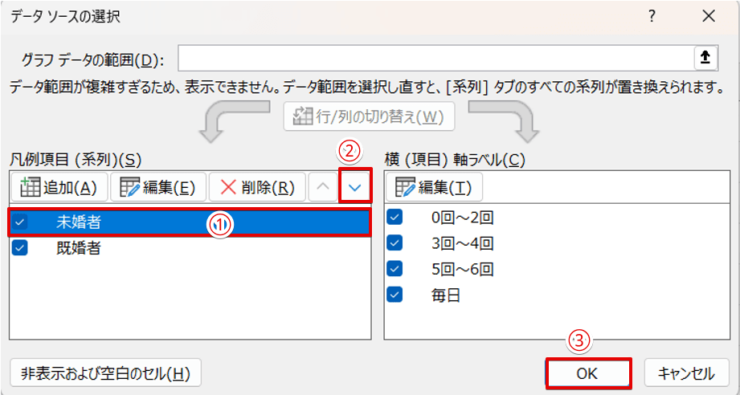 「凡例の項目(系列）」の矢印で順番を入れ替える