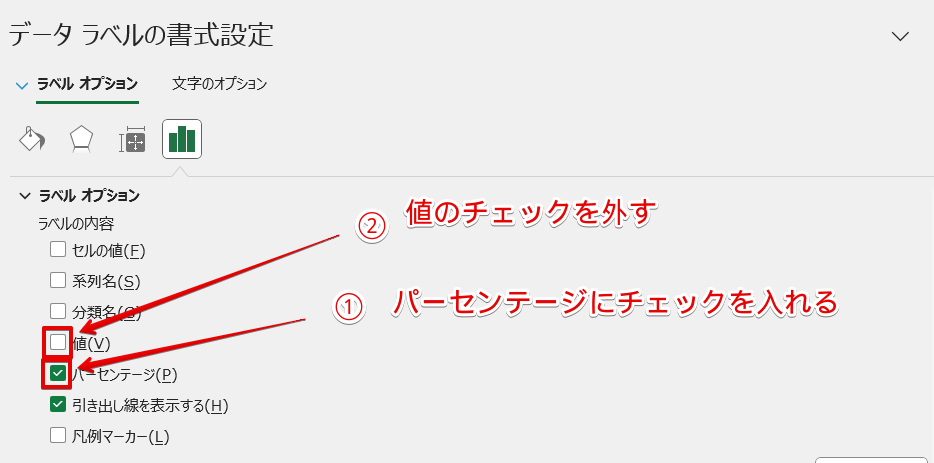 「データラベルの書式設定」の作業ウィンドウ