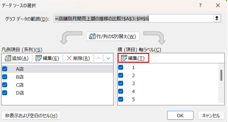 「横（項目）」軸ラベルの編集をクリックする