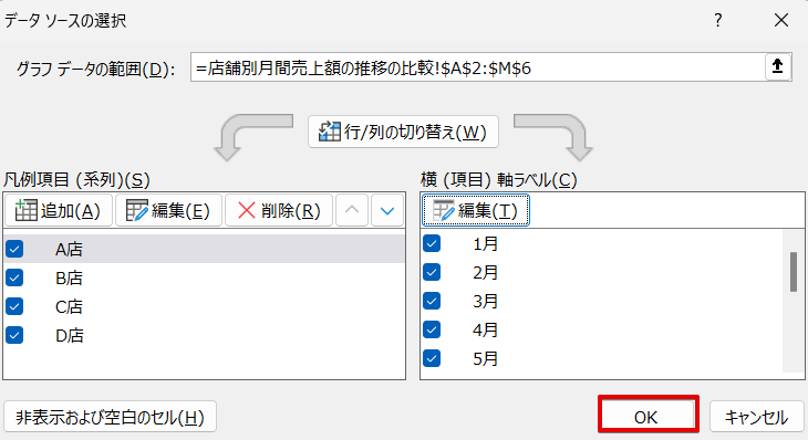 データソースの選択のダイアログボックスの画面の「OK」を押す