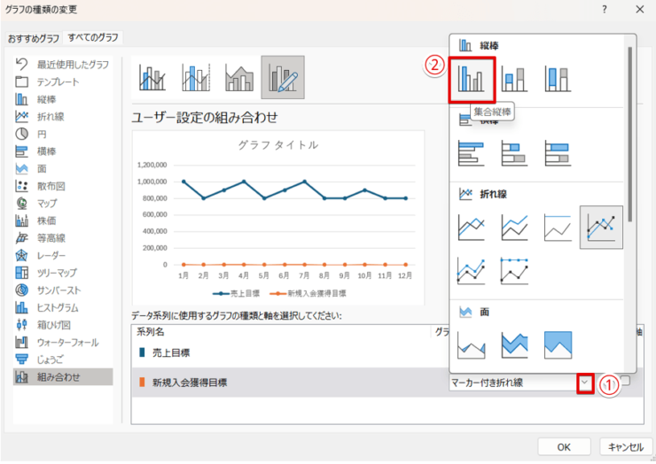 グラフの種類を「集合縦棒」に変更