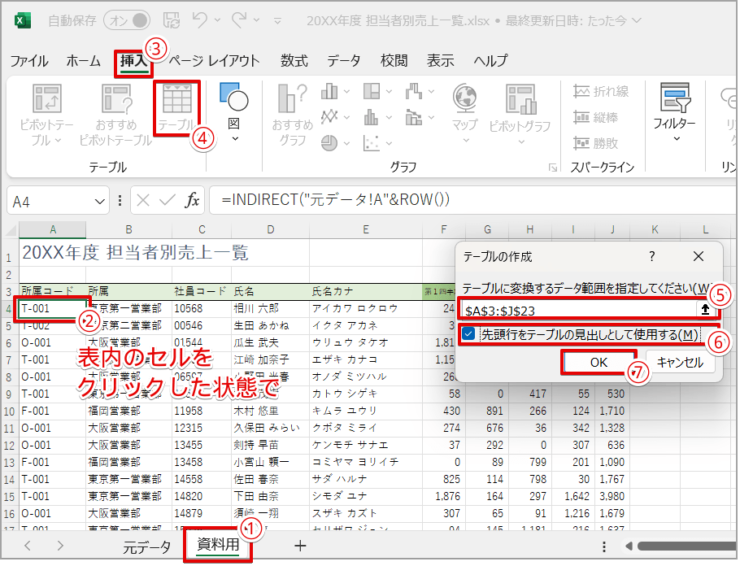 データをテーブルに変更する