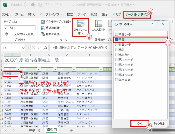 ［スライサーの挿入］をクリックし、絞り込みに利用する項目を選択する