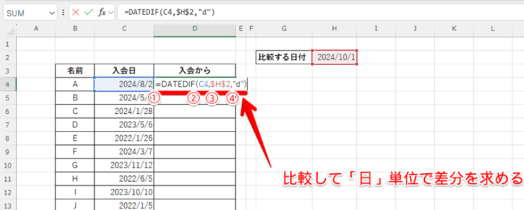 DATEDIF関数を使って比較する