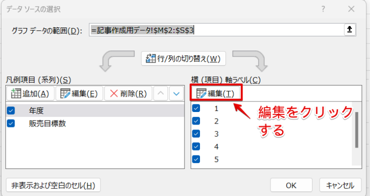 「横（項目）軸ラベル」の編集をクリックする