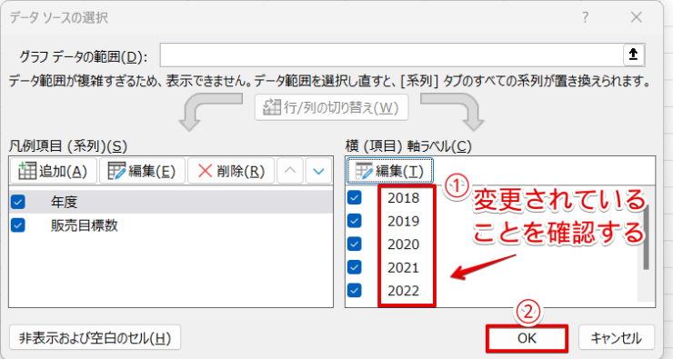 「横（項目）軸ラベル」の名称が変更されていることを確認