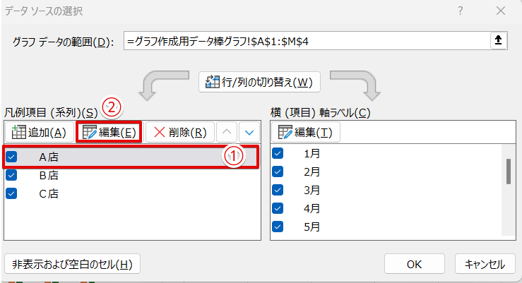 「データソースの選択」のダイアログボックス