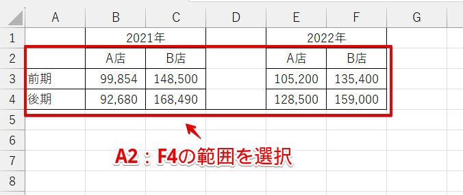 ずれてしまう文字を含めずに表の範囲を選択