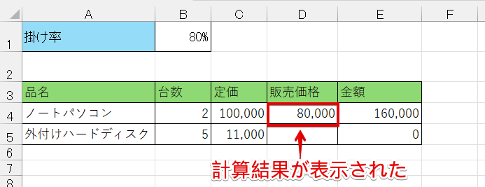 計算結果が表示された