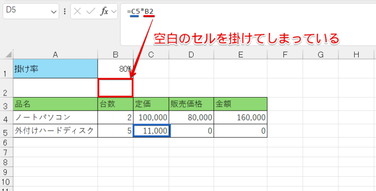 空白のセルを掛けてしまっている