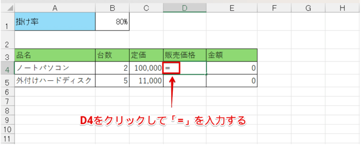 計算式を入力するセルに「=」を入力