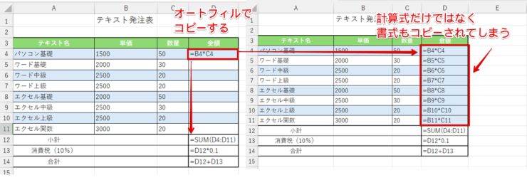 計算式と一緒に書式もコピーされてしまう