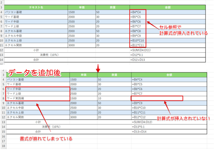 セル参照の表にデータを追加する