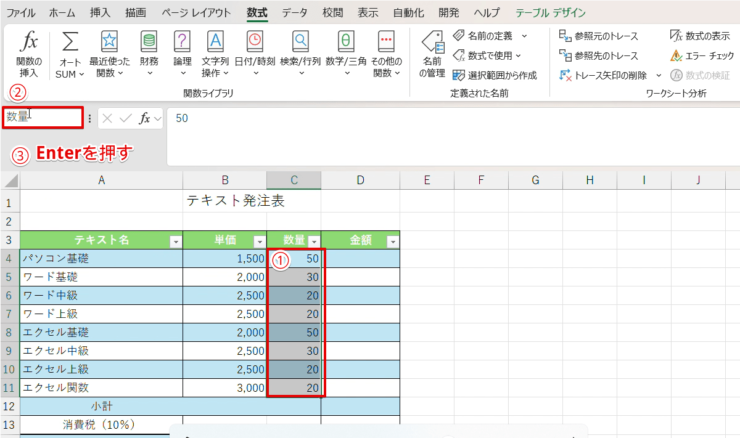 数量の列に名前をつける