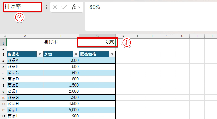 「C1」のセルに名前を付ける