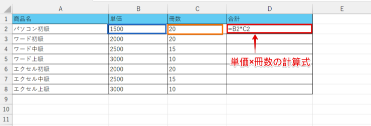 単価と冊数をかけて合計を計算