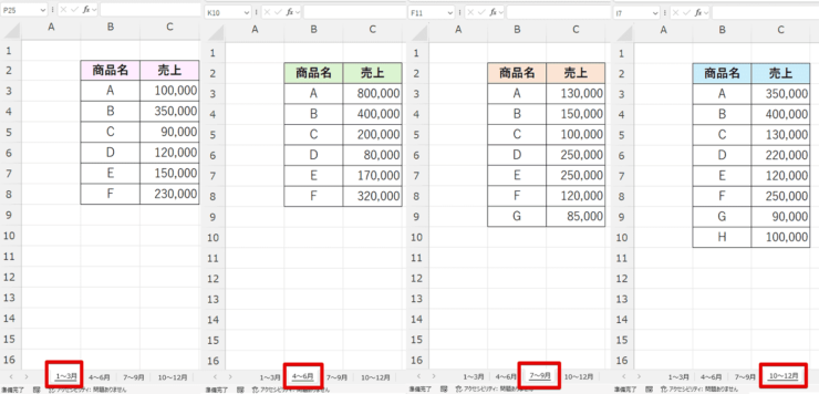 4つのシート内にある同じ名前の項目を統合したい