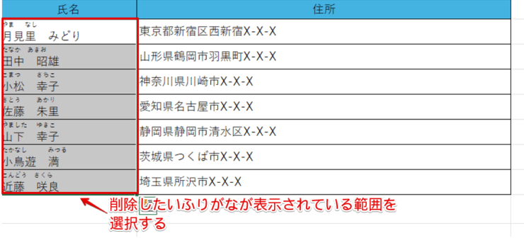 ふりがなを削除したい範囲を選択