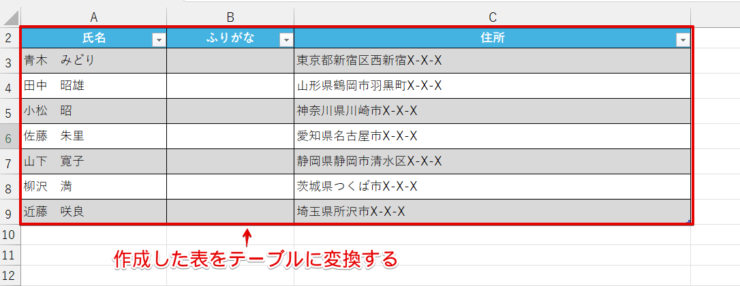 表をテーブルに変換する