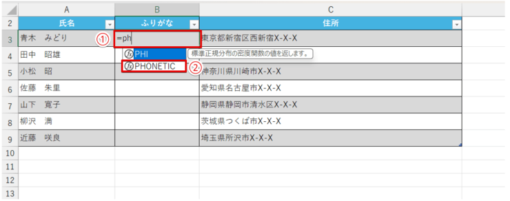 PHONETIC関数を挿入