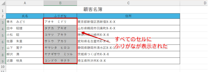 すべてのセルにふりがなが表示された