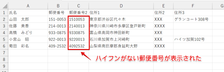 ハイフンが削除された郵便番号が表示された