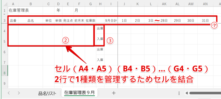 A～G列はそれぞれ2行ずつ結合する