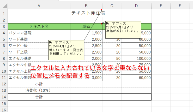 セルの文字や他のメモと重ならない位置に配置できた