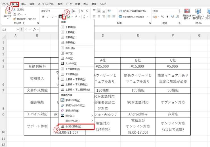 「罫線」メニューからセルの書式設定を開く