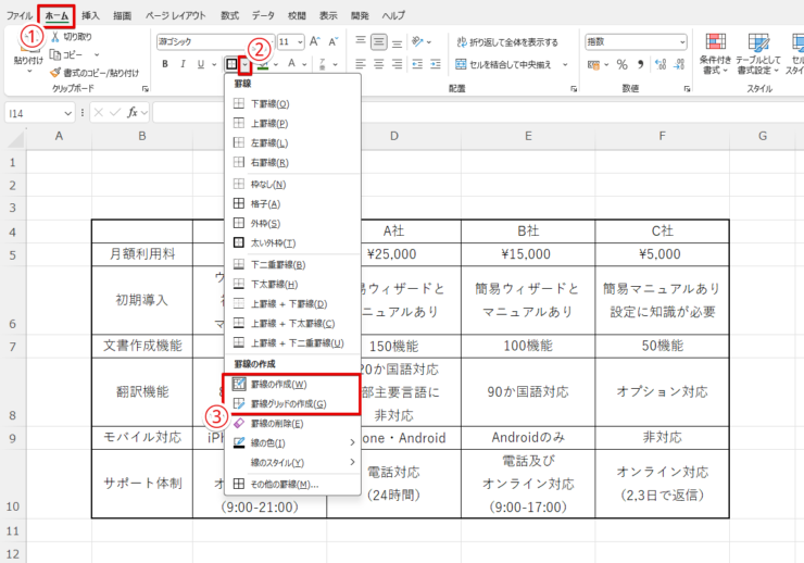 「罫線」メニューから「罫線の作成」または「罫線グリッドの作成」を選択