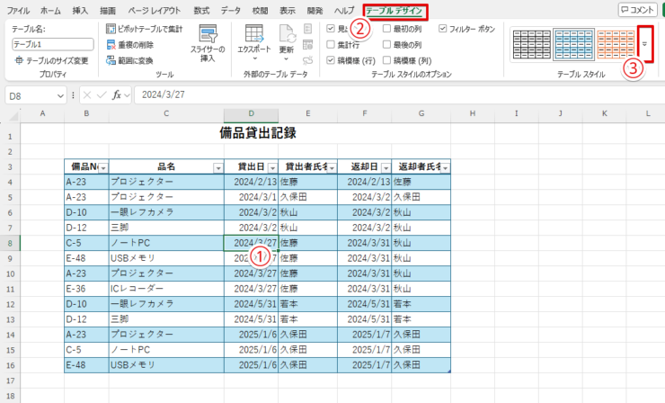 表をクリックして「テーブルスタイル」を選択