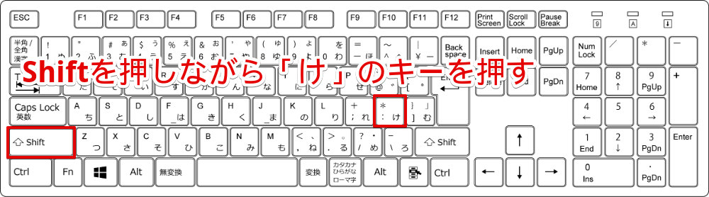 「Shift」を押しながら「け」のキーを押してアスタリスク記号を入力