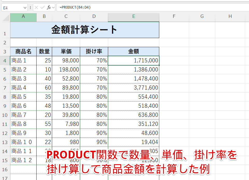 PRODUCT関数を使って商品金額を計算