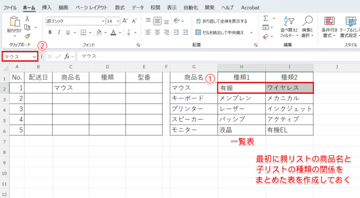 子リストのセル範囲に名前を付ける
