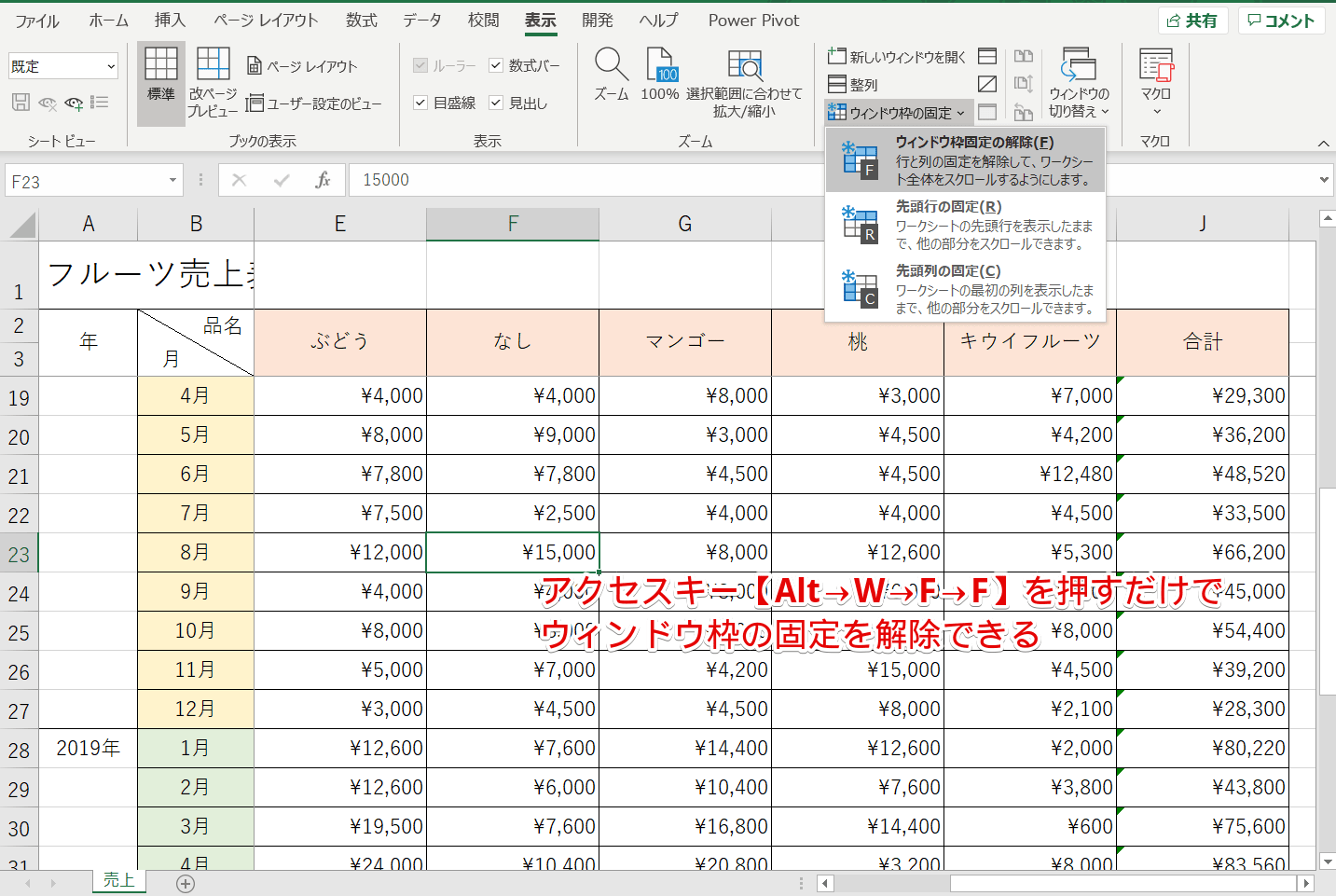 ウィンドウ枠を固定または解除する Alt W F F