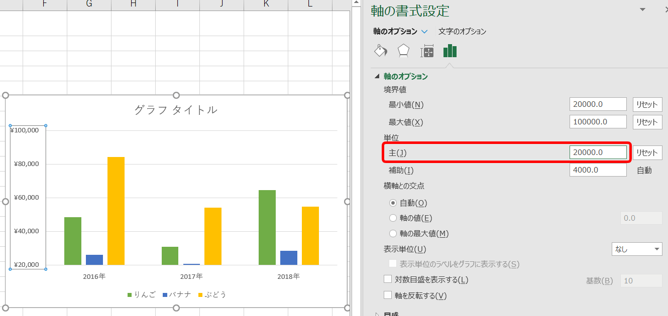 エクセルのグラフ 縦 値 軸の目盛を調整して変更する方法