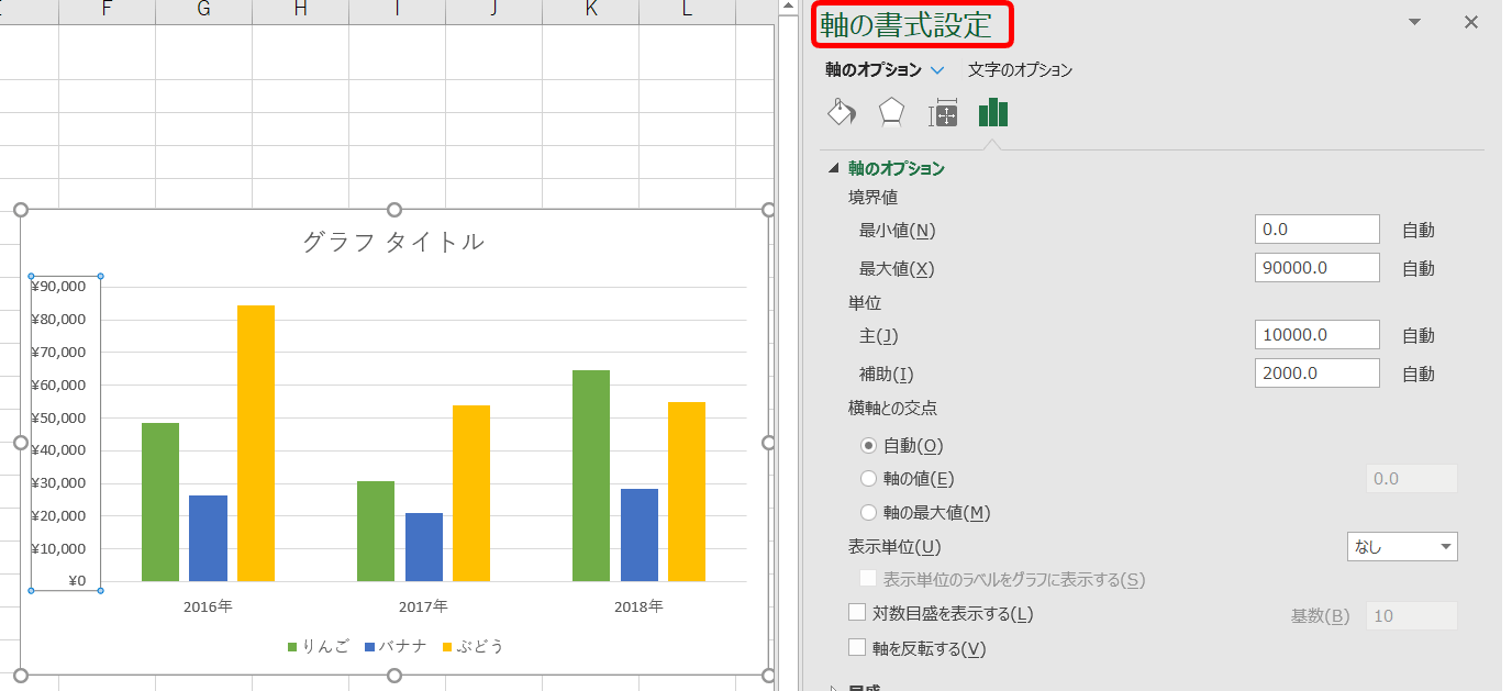 エクセルのグラフ 縦 値 軸の目盛を調整して変更する方法