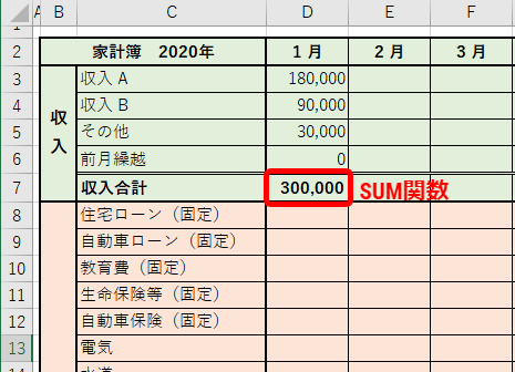 エクセル家計簿の作り方 月ごとに入力して合計を反映させれば見やすくなる