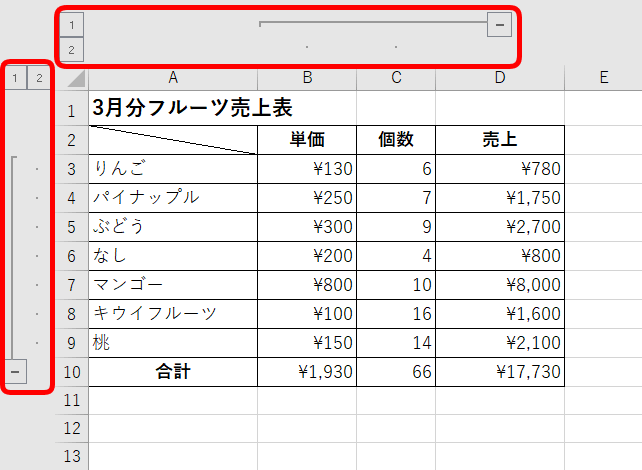 アウトラインの表示と非表示の切り替え Ctrl 8 エクセルドクター